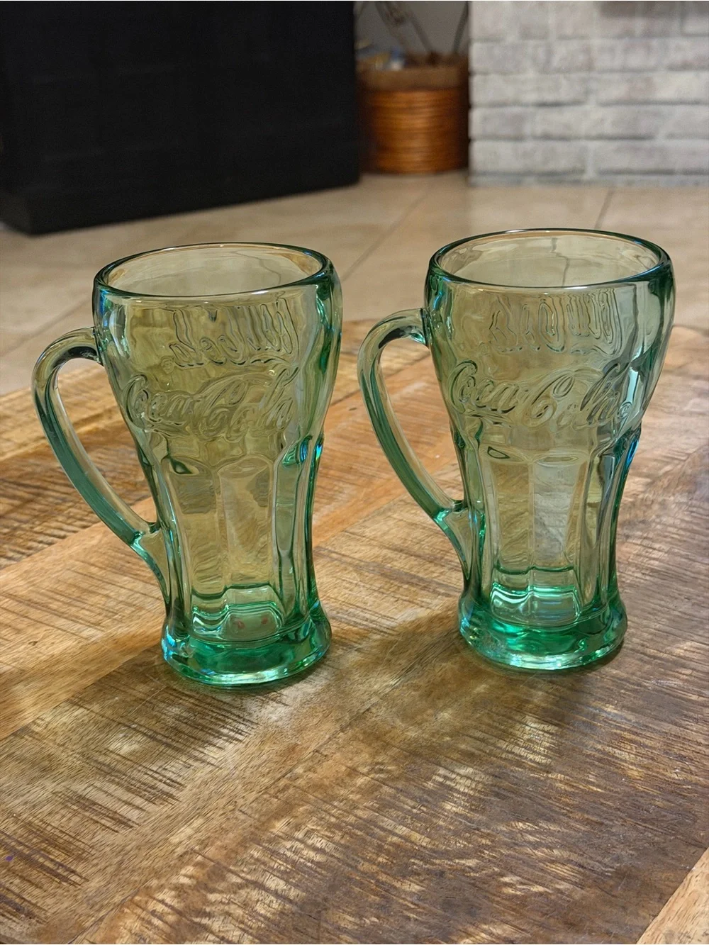 2 Vtg LIBBEY Coca Cola Coke Logo Heavy Green Glass Mugs With Handle Drink ware